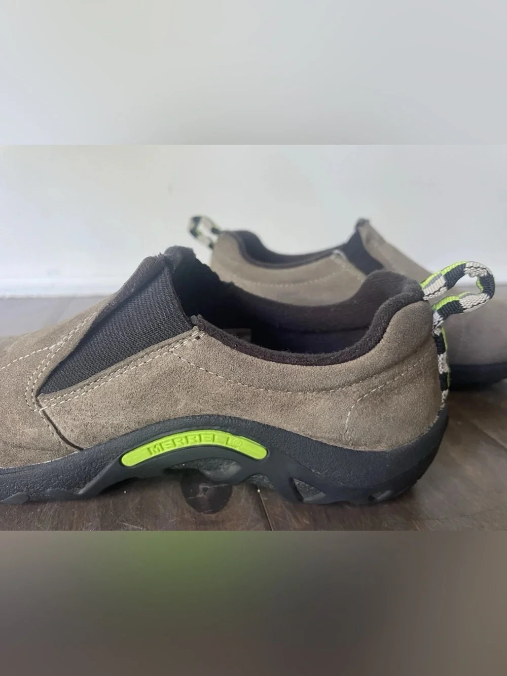 Merrell Kids Slip-On Suede Sneakers in Taupe with Black and Lime Accents